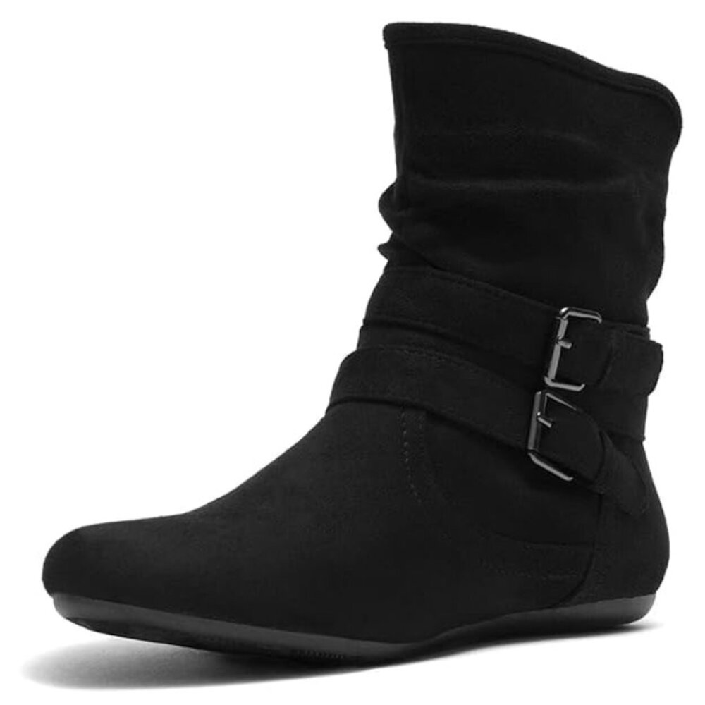 Herstyle Lindell Size 8.5 Ankle Booties Flat Black Buckle Accent Side Zipper